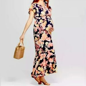 Isabel Maternity by Ingrid & Isabel Floral Flutter Sleeve Navy Maxi Dress Sz XS